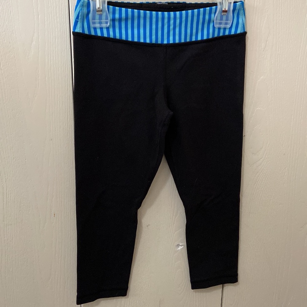 Ivivva Black Crop Exercise Leggings with Blue Striped Waistband